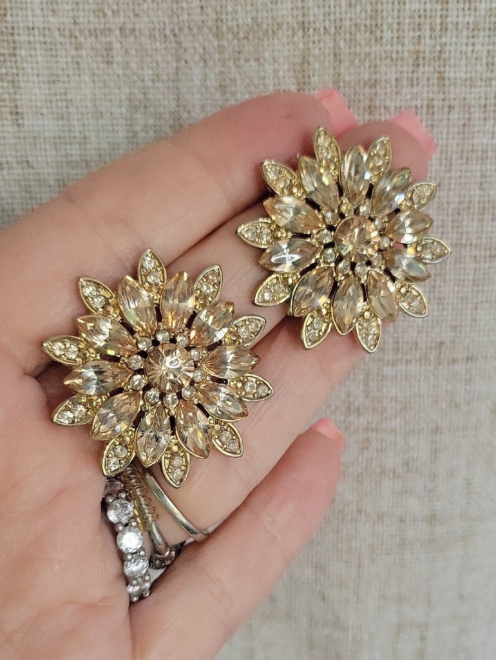 Crystal Floral Statement Earrings - Gold-Tone Champagne Sparkle - Picture 6 of 7